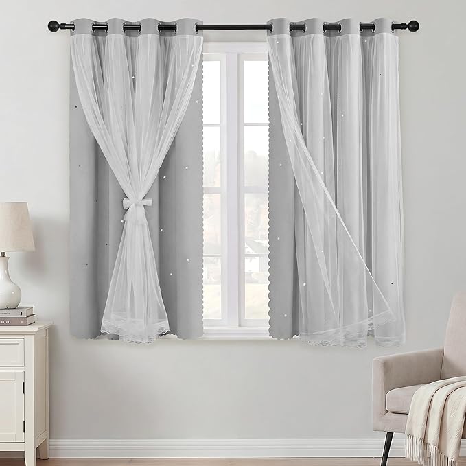 XiDi Grey Curtains for Bedroom Living Room 2 Panels Thermal Insulated Kids Curtain Hollow-Out Star Window Nursery Curtains 63 Inches Long Room Darkening Grommet Window Treatments Light Grey W34 x L63