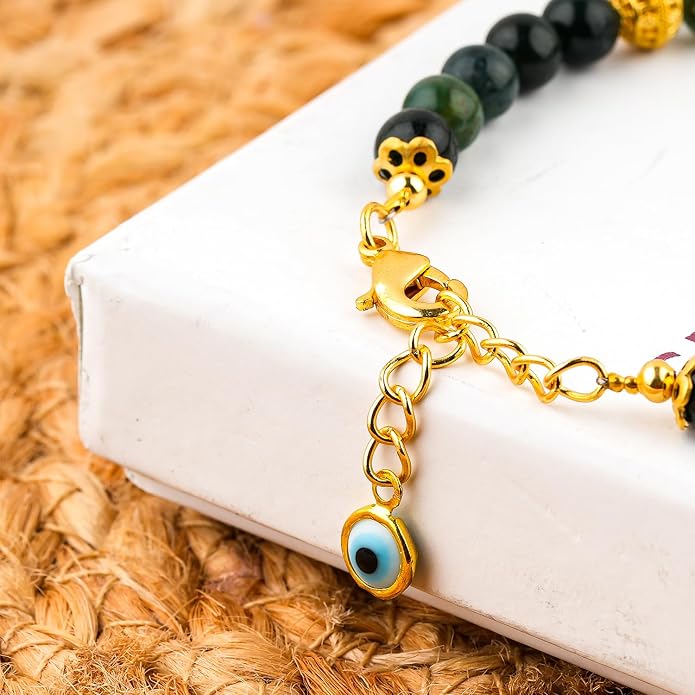 AAA Grade Natural Gemstone Beaded Bracelet, 14K Gold Plated with Evil Charm, Wicca & Reiki Healing Crystals, Handmade Bohemian Jewelry, Christmas Gift for Women (7+1inch)