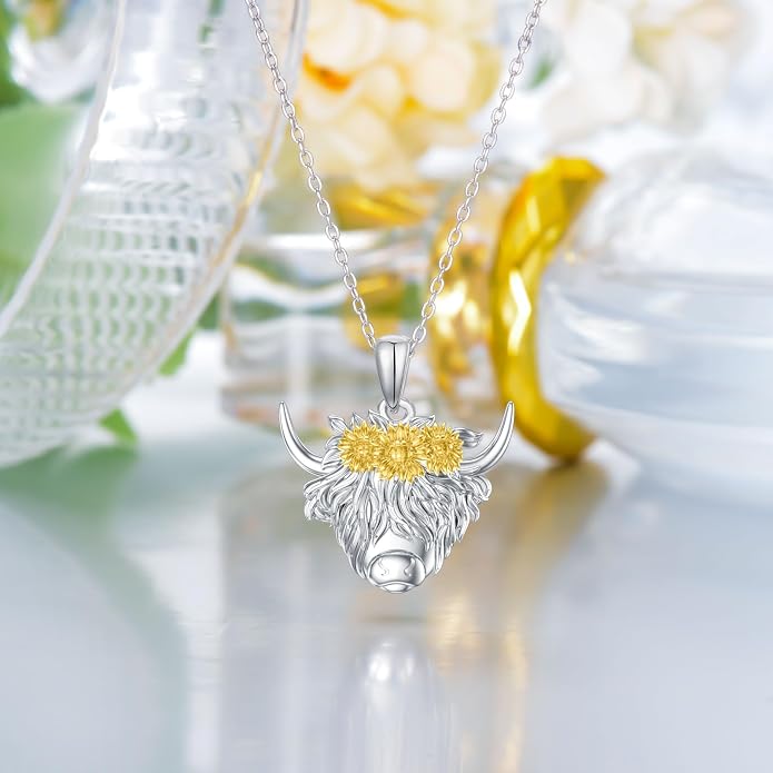 Highland Cow Gifts for Women 925 Sterling Silver Highland Cow Birthstone Necklace Fluffy Cow Jewelry Gifts Birthday Christmas