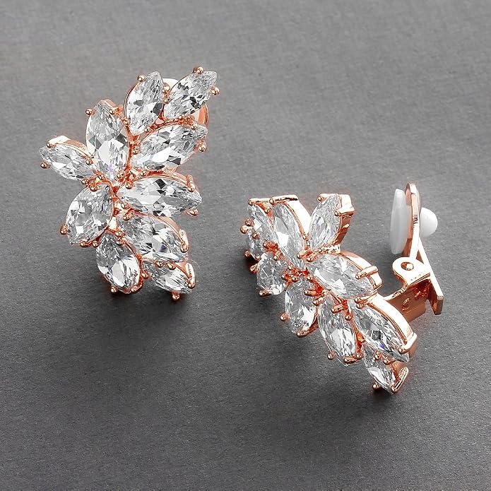 Mariell Clip-On Cubic Zirconia Crystal Bridal Earrings, Marquise Shape CZ Curved Clusters, Women Earrings for Wedding, Bridesmaids, Homecoming, Mother of the Bride