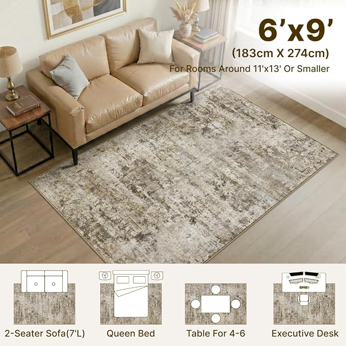 6x9 Area Rugs Washable Living Room Rug-No Slip Soft Carpets Modern Abstract Indoor Floor Stain Resistant Carpet for Bedroom Dining Room Farmhouse Nursery Home Office Brown