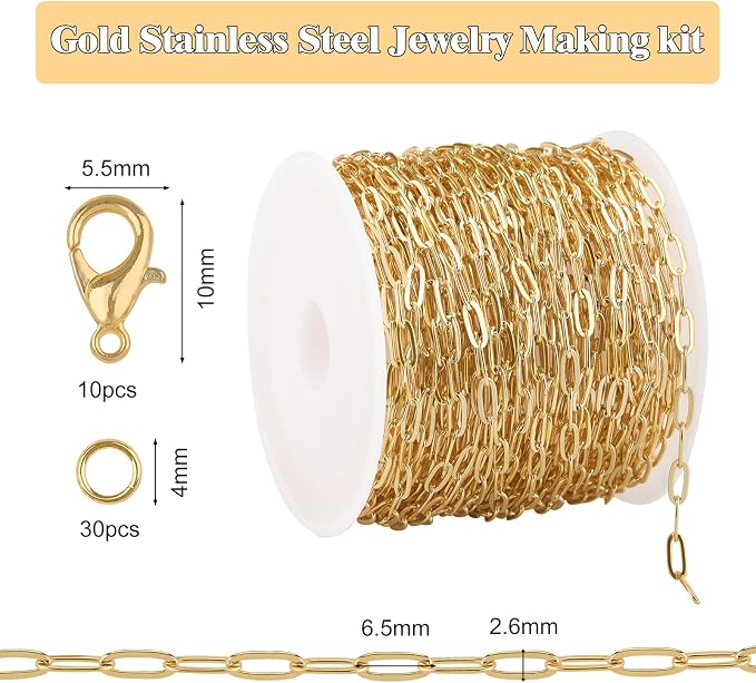 GTVOODX 33 Feet Gold Paperclip Chains for Jewelry Making Oval Soldered Stainless Steel Necklace Bulk Chain Roll Spool for DIY Bracelet Craft Supplies with Lobster Clasps Jump Rings