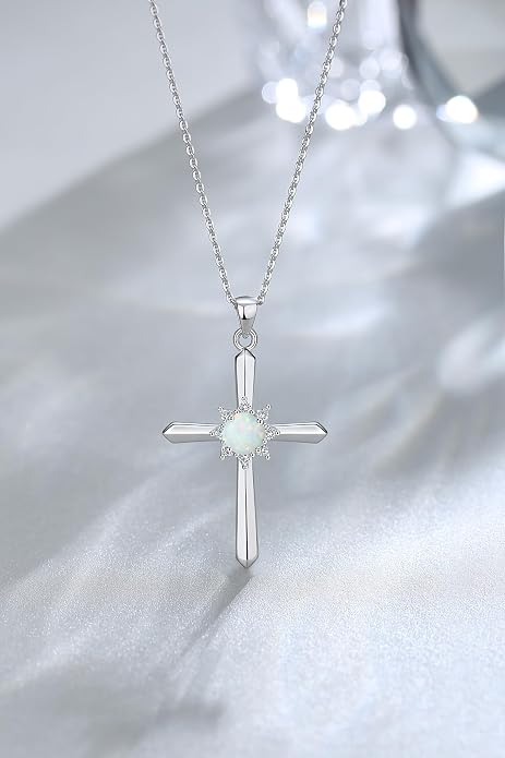 FANCIME Birthstone Cross Necklace for Women Sterling Silver Birthstone Necklace Halo Infinity Cross Pendant Necklace Fine Jewelry Valentines Day Gifts Birthday Holiday Gifts for Her, 16"+2" Inches