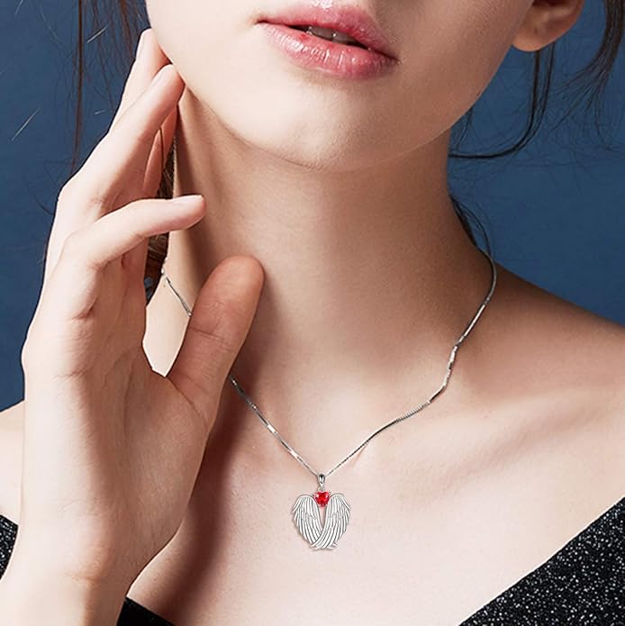 YFN Angel Wings Necklace 925 Sterling Silver Guardian Angel Wings Pendant Necklace Birthstone Necklace for Women Girls Christmas Jewelry Gifts