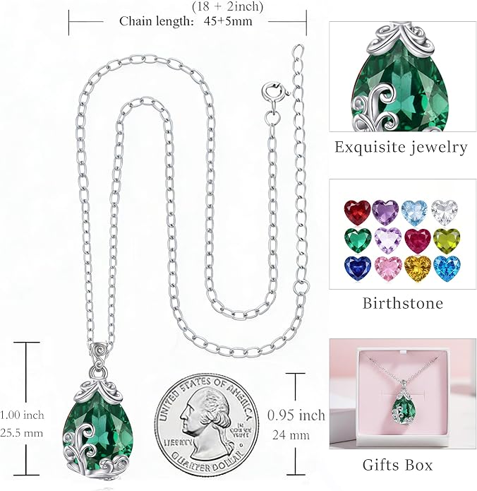 POPLYKE Sterling Silver Gemstone Teardrop Pendant Necklace Crystal Jewelry for Women