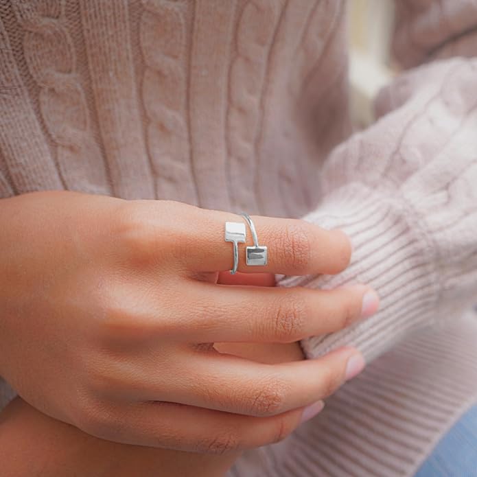 18k Gold Plated Simple Minimalist Square Adjustable Stackable Halo Ring Band for Women Valentines Day Gifts for Her Comes with a Gift Box