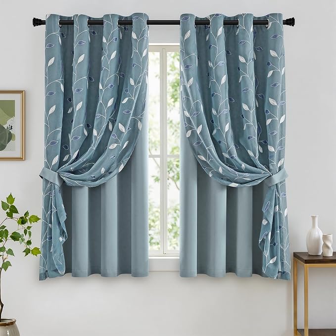 MIULEE Dusty Blue Double Layer Curtains 63 Inches Long, Leaf Patterned Sheer Floral Drapes and Blackout Room Darkening Window Curtains for Living Room Bedroom, Grommets Top, 52" W x 63" L, 2 Panels
