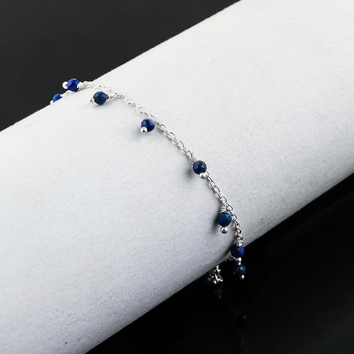 Natural Gemstone Beaded Dangle Anklets, Handmade Bohemian Jewelry, Micro-Faceted Stones Wicca & Reiki Healing Crystals, Silver Ankle Bracelet, Christmas Gift for Women, 9+1.50inch