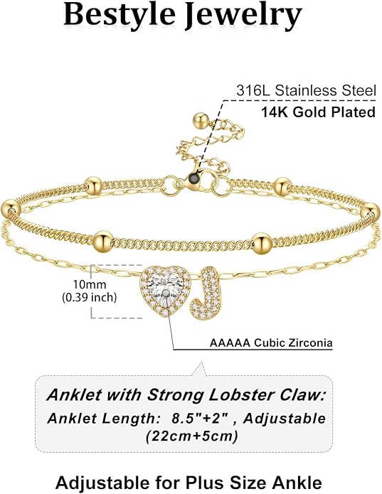Bestyle Initial Anklet Bracelets for Women Waterproof Non Tarnish 14K Gold/White Gold Plated CZ Anklets for Women Dainty Layered Letter Heart Ankle Bracelets Adjustable Foot Chain Anklet