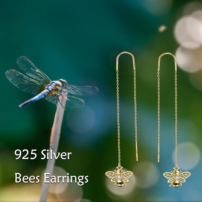 Sterling Silver 18K Gold Plated Bee Threader Dangle Earrings - Bumble Bee Pull Through Chain Jewelry Gifts for Women