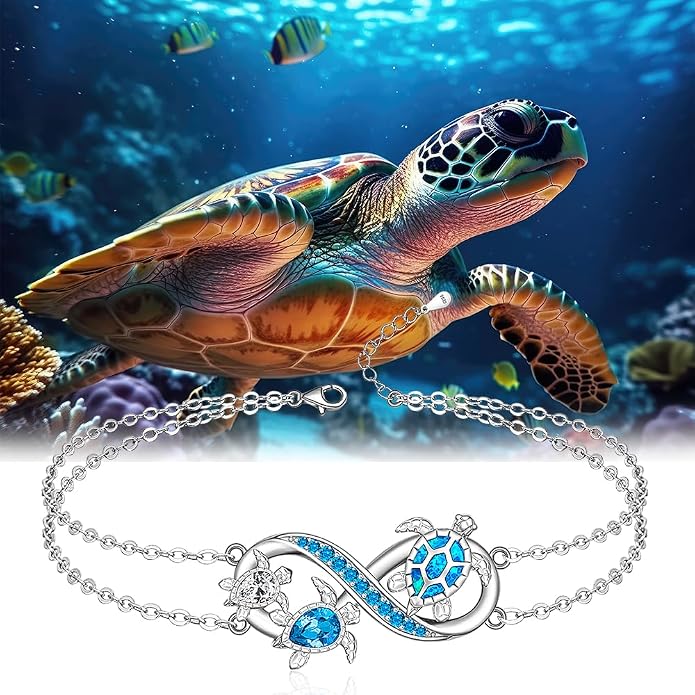 Fenthring Turtle Anklets for Women Turtle Ankle Bracelet Blue Opal Sea Sterling Silver Infinity Wave Ocean Beach Summer Jewelry Mothers Day