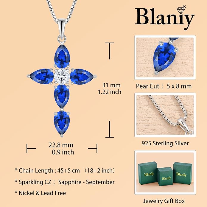 Cross Necklace for Women 925 Sterling Silver Teardrop Birthstone Pendant Religious Jewelry Gifts for Women