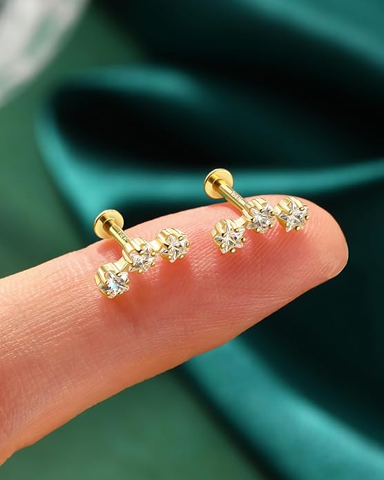 COCHARM 14K Real Gold Star Helix Cartilage Conch Earring Stud 16g Flat Back Solid Gold Helix Conch Piercing Jewelry 16g 6mm 8mm 14Kt Cartilage Stud Jewelry Internally Threaded