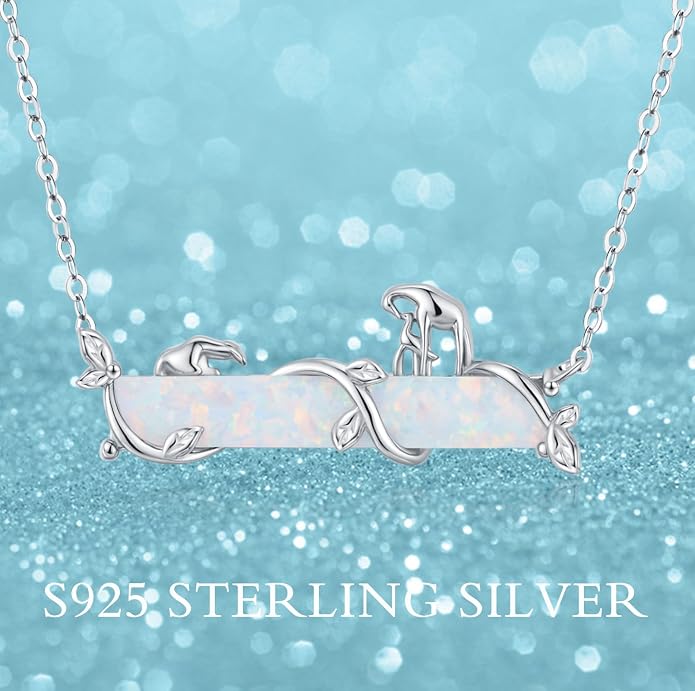 Bar Opal Leaf Necklace For Women S925 Sterling Silver White Opal Pendant with Leaf Charm Bar Pendant Jewelry Gift For Mom Daughter Wife