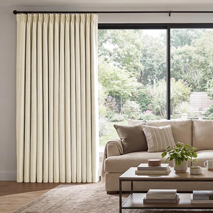 Pinch Pleated Curtains 100% Blackout Linen Curtains 90 Inches Long for Bedroom Living Room, Creamy Beige Memory Trained Thermal Insulated Room Darkening Window Drapes with Hooks, 1 Panel, 60"Wx90"L