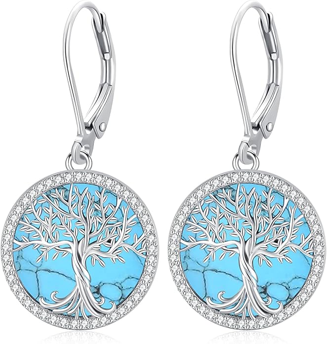 925 Sterling Silver Earrings Tree of Life/Cat/Animal/Turquoise/Moonstone Dangle Drop Earrings for Women Leverback Earring Hypoallergenic Jewelry Gifts