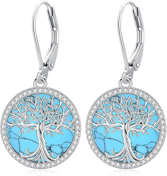925 Sterling Silver Earrings Tree of Life/Cat/Animal/Turquoise/Moonstone Dangle Drop Earrings for Women Leverback Earring Hypoallergenic Jewelry Gifts
