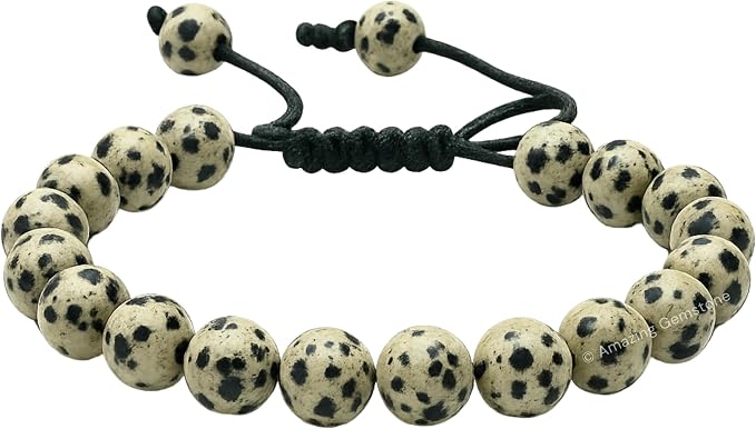 Amazing Gemstone Dalmatian Jasper Bracelet, Gifts for Men & Women - Protection Healing Crystal Bracelet - 8mm Gemstone Beaded Adjustable Bracelet, Pulseras para Hombres Mujer Stocking Stuffers
