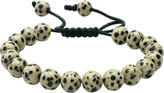 Amazing Gemstone Dalmatian Jasper Bracelet, Gifts for Men & Women - Protection Healing Crystal Bracelet - 8mm Gemstone Beaded Adjustable Bracelet, Pulseras para Hombres Mujer Stocking Stuffers