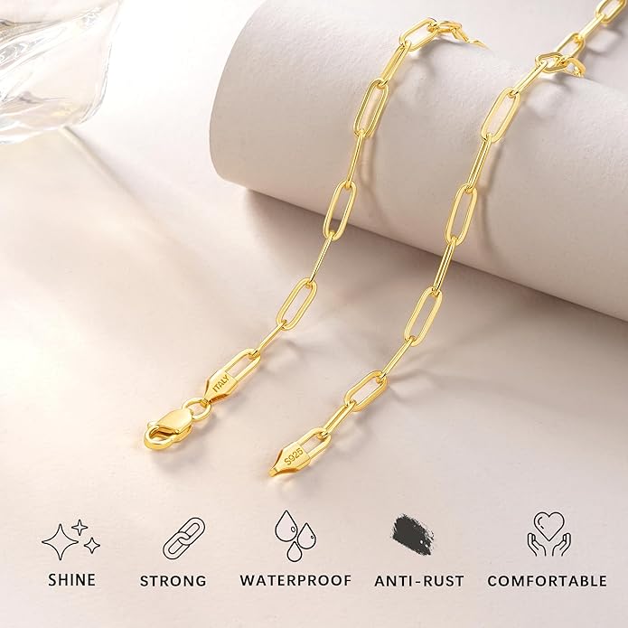 18K Gold Plated and 925 Sterling Silver Paperclip Chain Necklace for Women, 3mm 4mm Women's Chain Necklace, World's Top Craftsmanship Necklace for Women 16 18 20 22 24 26 Inch