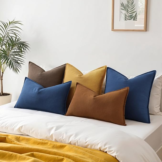 decorUhome Fall Brick Linen Throw Pillow Covers 12x20 Set of 2 | Decorative Soft Cozy Modern Farmhouse Boho Accent Pillow Cases with Flange Edges for Couch Bed Sofa Living Room Home Decor