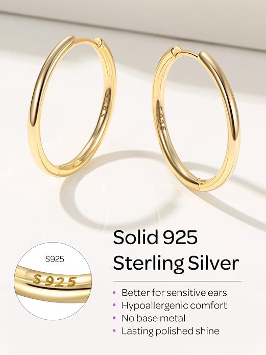 ChicSilver Sterling Silver Hoop Earrings for Women Hypoallergenic 925 Sterling Silver Huggie Earrings for Women Dainty Earring (8/10/12/14/16/18/20MM)