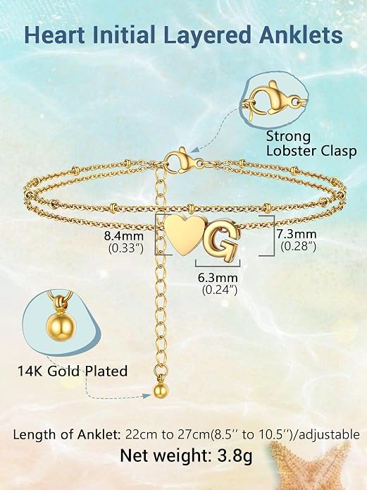 Initial Ankle Bracelets for Women, Dainty Stainless Steel Letter A-Z Layered Anklets, Heart Ankle Bracelet 8.5"-10.5" Adjustable, Summer Beach Jewelry, Come with Box
