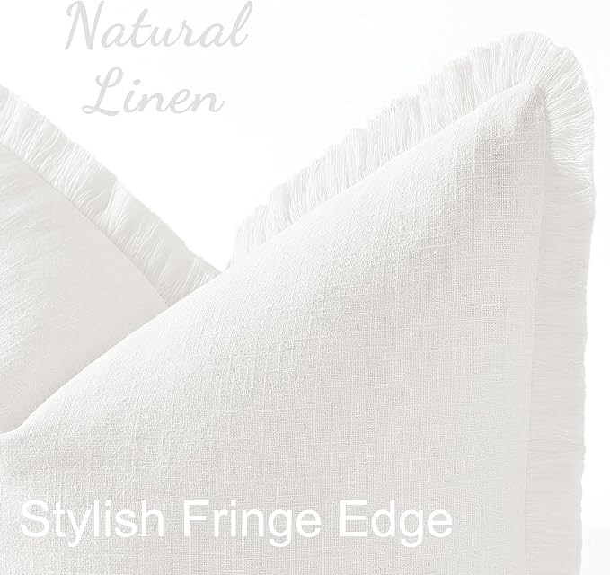 decorUhome Linen Fringe Cream White Throw Pillow Covers 26x26 Set of 2 | Euro Sham Decorative Soft Accent Modern Boho Farmhouse Cushion Covers with Tassels Cotton Pillow Covers for Couch Bed Sofa