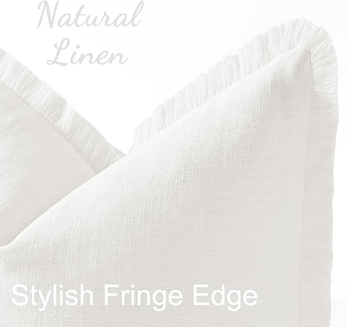 decorUhome Linen Fringe Cream White Throw Pillow Covers 18x18 Set of 2 | Decorative Soft Accent Modern Boho Farmhouse Cushion Covers with Tassels Cotton Pillow Covers for Couch Bed Sofa