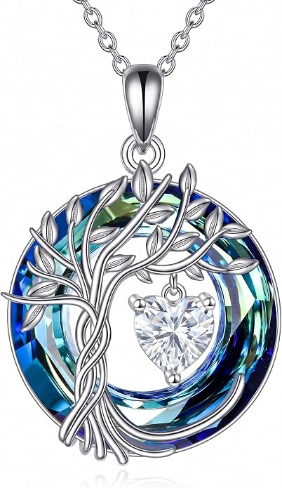 CRMAD Tree of Life Necklace Birthstone Pendant Necklaces with Crystal Anniversary Birthday Wedding Jewelry for Mom Her Wife Sister