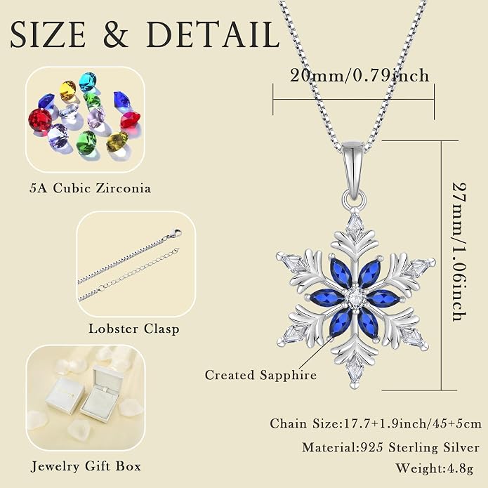 925 Sterling Silver Snowflake Necklace for Women Birthstone Snowflake Pendant Necklace Cubic Zirconia Christmas Jewelry