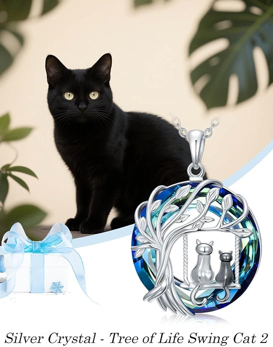 TOUPOP Cat Necklace Gifts for Women Sterling Silver Celtic Mounatin Moon Pendant with Blue Crystal Birthday Christmas Jewelry Gifts for Women