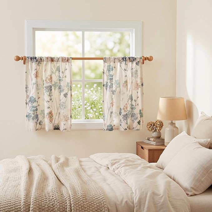 MYSKY HOME Floral Linen Kitchen Tier Cafe Curtains 36 Inch Length 2 Panels Farmhouse Semi Sheer Privacy Small Window Treatments Rod Pocket for Bathroom Basement, Brown, 30" Each Panel