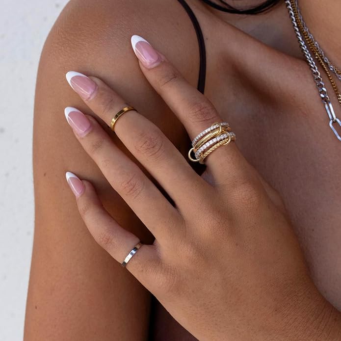 KissYan Stackable Rings for Women, 14k Gold Plate Interlocked Multi Ring Set Dainty Pave CZ Personalized Fashion Two-Toned Mixed Metals Stacking Jewelry Trendy Statement Gift