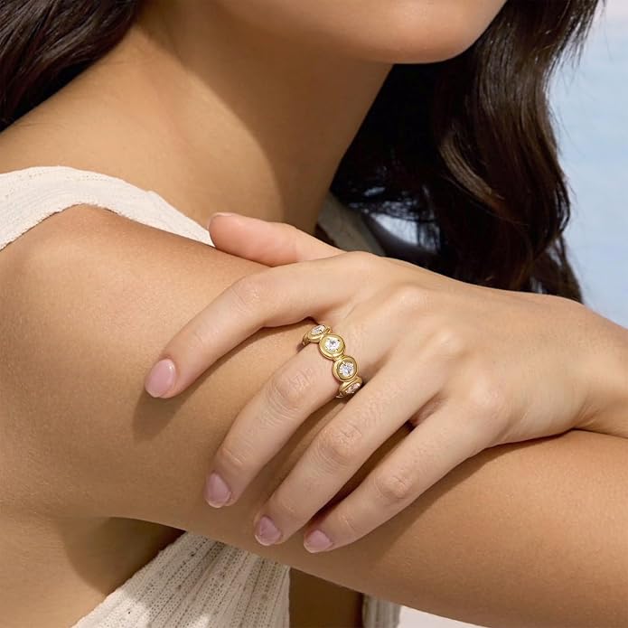 KissYan Band Ring for Women, 14K Gold Plate Dainty Pave Pear or Circle CZ Eternity Thick Chunky Engagement Statement Ring Valentine Fashion Gifts