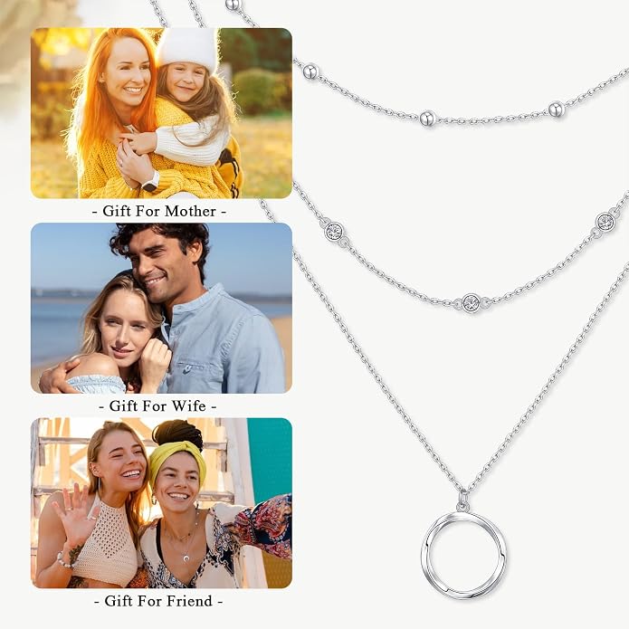 Layered Choker Necklaces for Women S925 Sterling Silver Circle/Heart/Cross/Star Multi Layered Necklace Handmade Bead Chain Adjustable Jewelry for Birthday