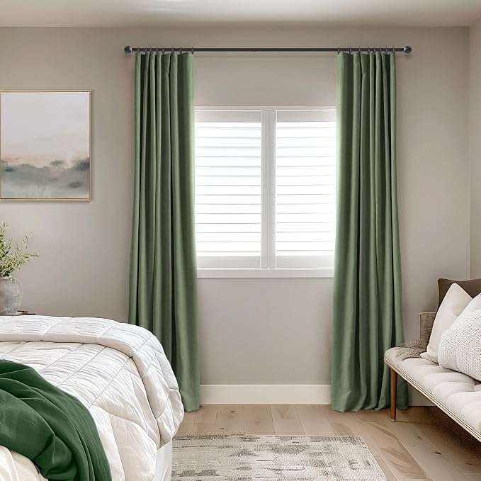 INOVADAY 100% Blackout Curtains for Bedroom, Moss Green Black Out Curtains 120 Inch Long, Clip Rings Linen Blackout Drapes, Thermal Insulated Room Darkening for Living Room, 2 Panels - W50xL120