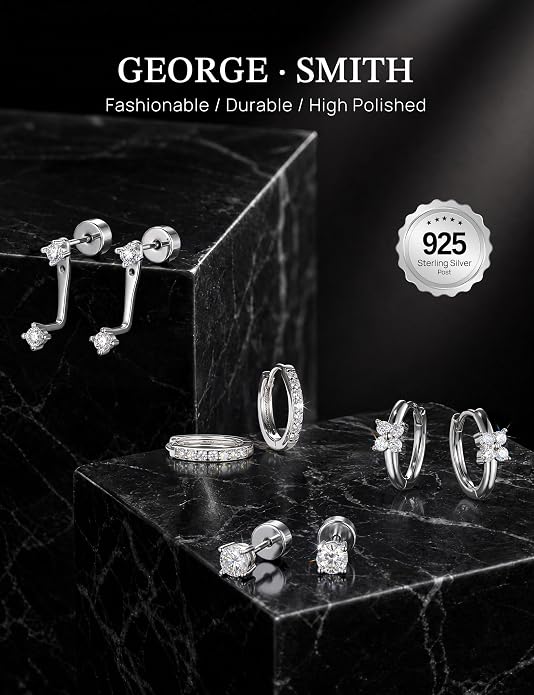 GEORGE · SMITH 4 Pairs Moissanite Earrings Set for Women 925 Sterling Silver Hypoallergenic Stud and Huggie Hoop Earrings Dainty Ear Stack Cartilage Earrings for Multiple Piercings Gift