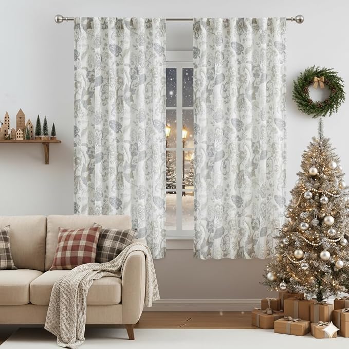Kayne Studio Botanical Cotton Curtain Panels Linen Grey Floral Leaf Print Farmhouse Linen Textured Drapes Light Filtering Window Treatment Sets Living Room Bedroom Rod Pocket Back Tab,52"x63",2 Panels