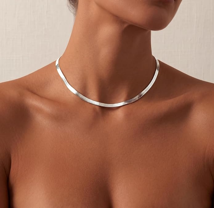 WomenGifts 14K Gold Silver Plated Herringbone Necklace for Women, Dainty Snake Chain Choker, Trendy Simple Long Layered Jewelry Non Tarnish, 3/4/5/8mm,14,16,18,20,22,24,26 Inch Thin & Chunky Options