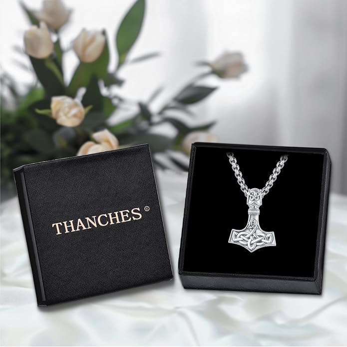 Thor Hammer Necklace for Women Men, S925 Sterling Silver Viking Mjolnir Necklace Pendant with Corlorful Opal Norse Runes Amulet Jewelry Gift