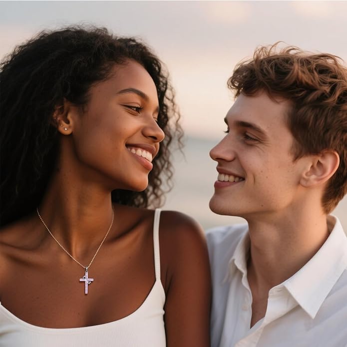 Gemstone Crown Cross Necklaces for Women, 925 Sterling Silver Rectangular cut Zircon Pendant With Rotated Crown Faith Cross Jewelry Gift