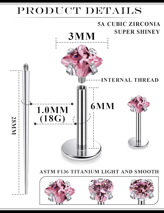 20G 18G 16G Astm F136 Titanium Internal Thread Flat Back Earrings Nose Studs Tragus Helix Conch Cartilage Lobe Earrings Medusa Labret Snake Bite Monroe Lip Ring Piercing Jewelry For Women Men
