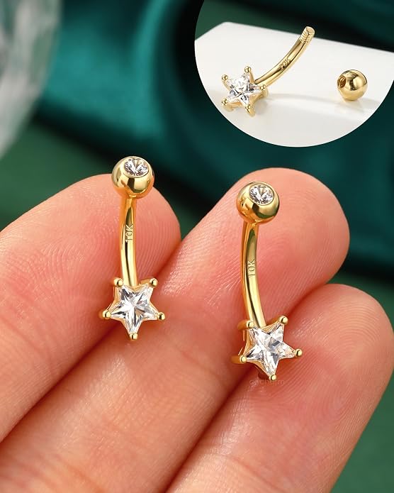 COCHARM 10K Gold Belly Button Rings, 10K Star Gold Belly Rings for Women, 10K Gold Belly Navel Piercing Jewelry