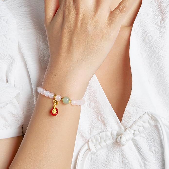 ZHOU LIU FU Silver Beaded Bracelets for Women Adjustable Silver Carnelian Roll White Chalcedony Gemstone Stretch Bracelets Mom Birthday