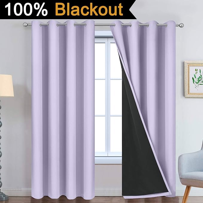 Yakamok Lilac 100% Blackout Curtains 84 Inches Long for Bedroom 52" Wide | Blackout Curtain Panels for Bedroom, 2 Thick Layers Grommet Top Thermal Insulated Drapes with Black Liner for Living Room