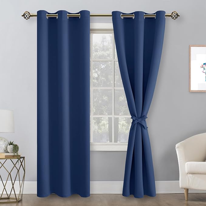 Hiasan Blackout Curtains for Bedroom, 42 x 84 Inches Long - Thermal Insulated & Energy Saving Window Curtains for Living Room, 2 Drape Panels Sewn with Tiebacks, Navy