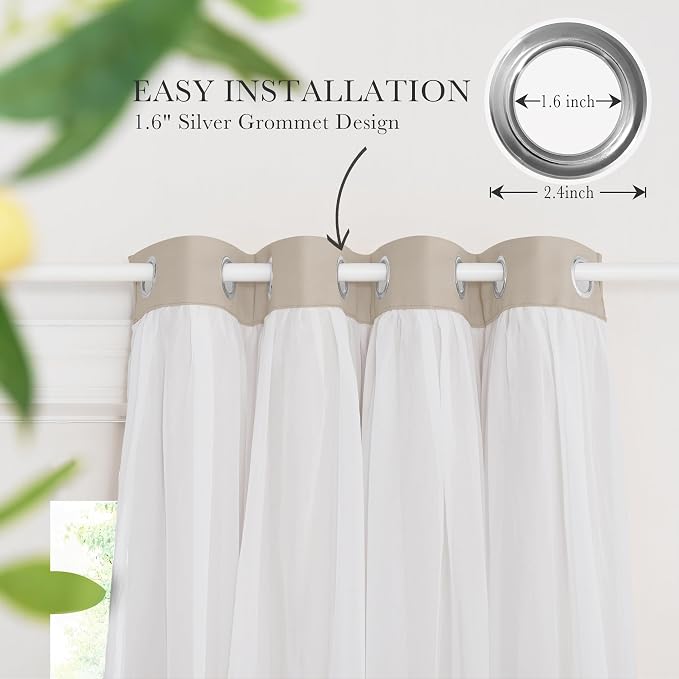 PONY DANCE 2 Layers Curtains Set - Room Darkening Mix & Match Room Darkening Curtains with White Sheer Voile, 52" Wide and 84" Long,Cream, 2 Panels