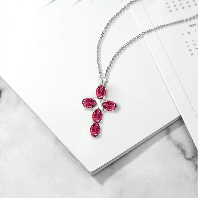 Gem Stone King Cross Pendant Necklace for Women | 925 Sterling Silver | 6X4MM Gemstone Birthstone | Jesus Christian Religious Crucifix Jewelry Gifts | 18 Inch Chain