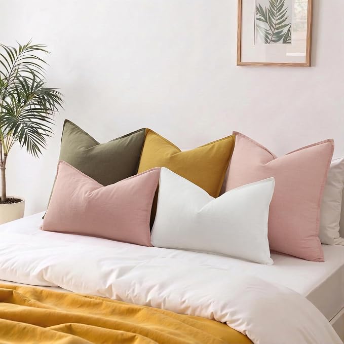 decorUhome Fall Pink Linen Throw Pillow Covers 12x20 Set of 2 | Decorative Soft Cozy Modern Farmhouse Boho Accent Pillow Cases with Flange Edges for Couch Bed Sofa Living Room Home Decor
